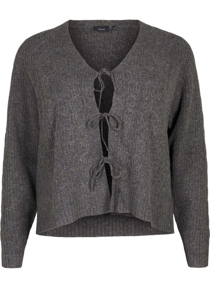 Strikket cardigan med knytedetaljer, Dark Grey Melange, Packshot image number 0