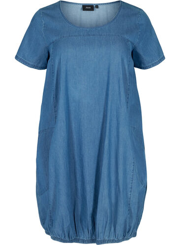 Kortermet denimkjole med lommer, Blue denim, Packshot image number 0
