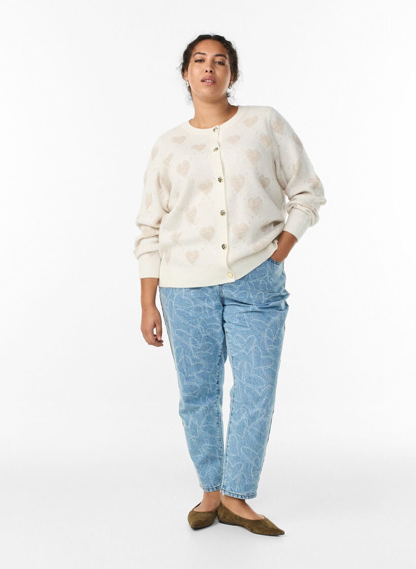 Cardigan med hjerter og gyldne knapper, Beige, Model image number 1