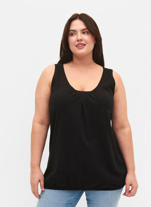 Bomullstopp med rund hals og blondekant, Black, Model image number 0