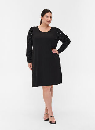 Kjole med lange puffermer og perler, Black, Model image number 2