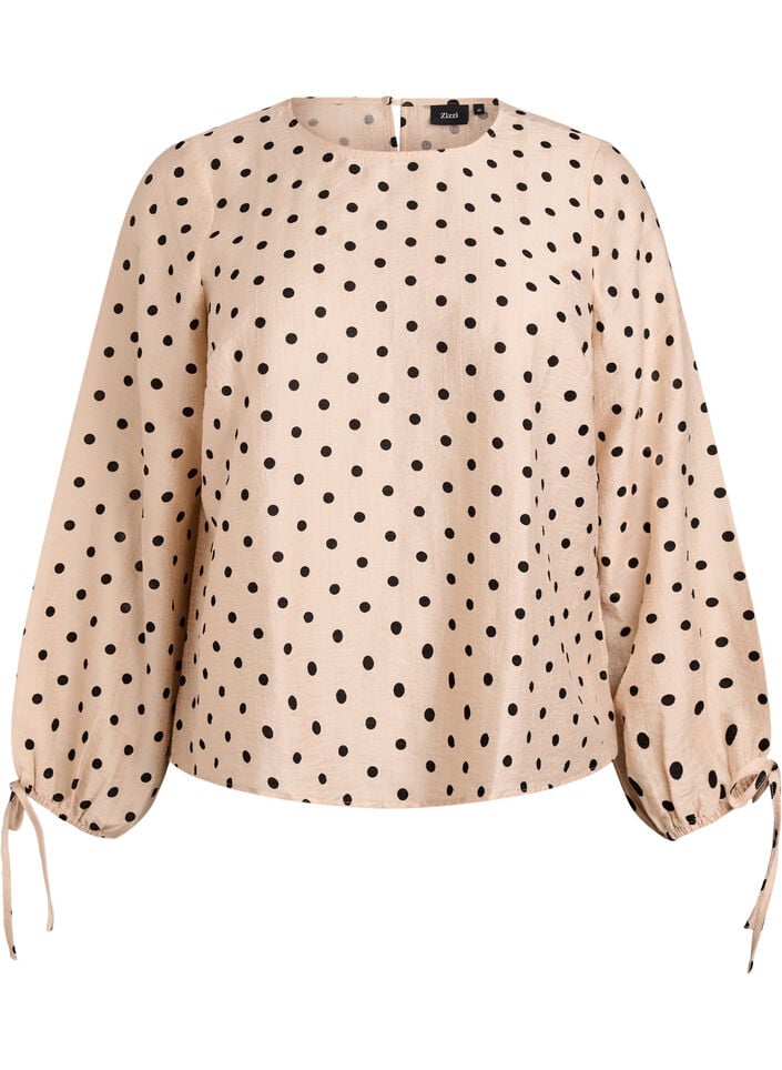 Bluse med prikker og knytedetaljer, Beige, Packshot image number 0