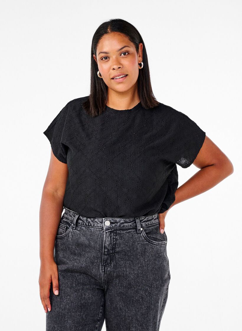 Bluse med korte ermer og blomsterbroderi, Black, Model image number 0