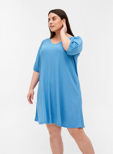 Kjole med puffermer og V-hals, Azure Blue, Model image number 0