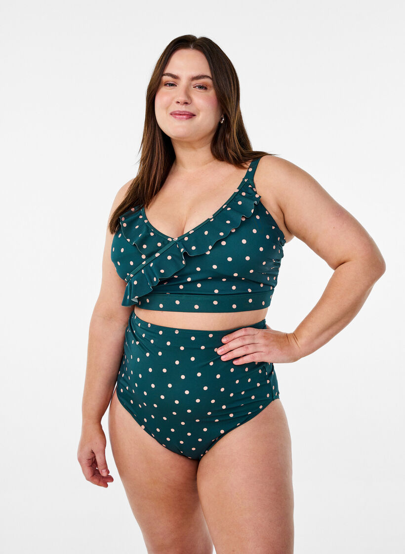 Bikinitopp med prikker og volangdetaljer, Gr&oslash;nn, Image image number 0