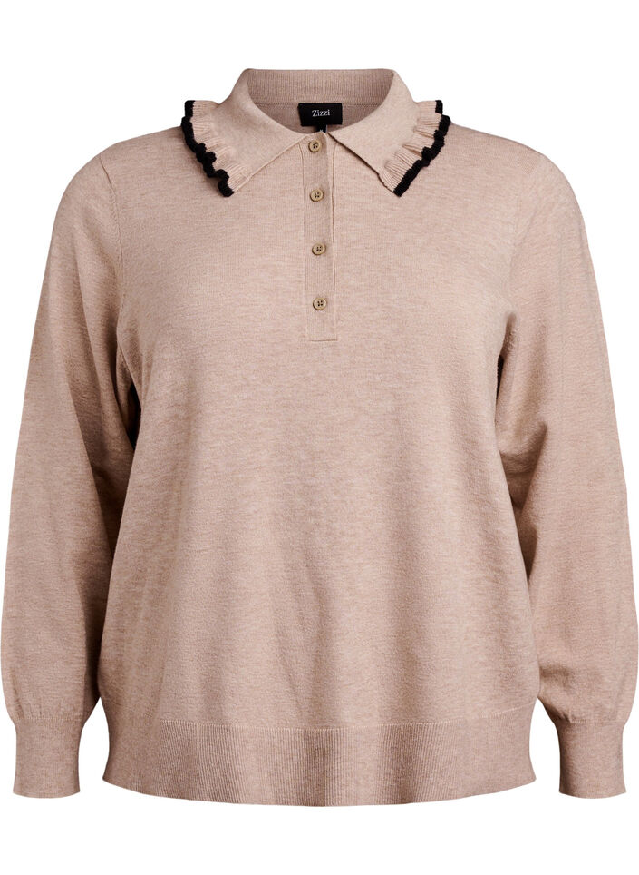 Strikkebluse med krage og kontrastvolang, Beige, Packshot