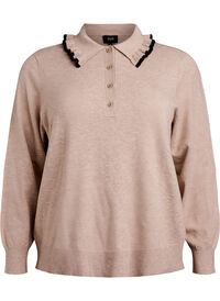 Strikkebluse med krage og kontrastvolang, Beige Strikkebluse med krage og kontrastvolang