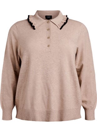 Zizzi Strikkebluse med kruset polokrage, Beige, Packshot image number 0