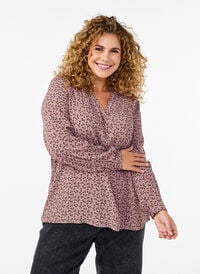 Langermet bluse med blomsterprint og V-hals, Brun Langermet bluse med blomsterprint og V-hals, Brun, Model