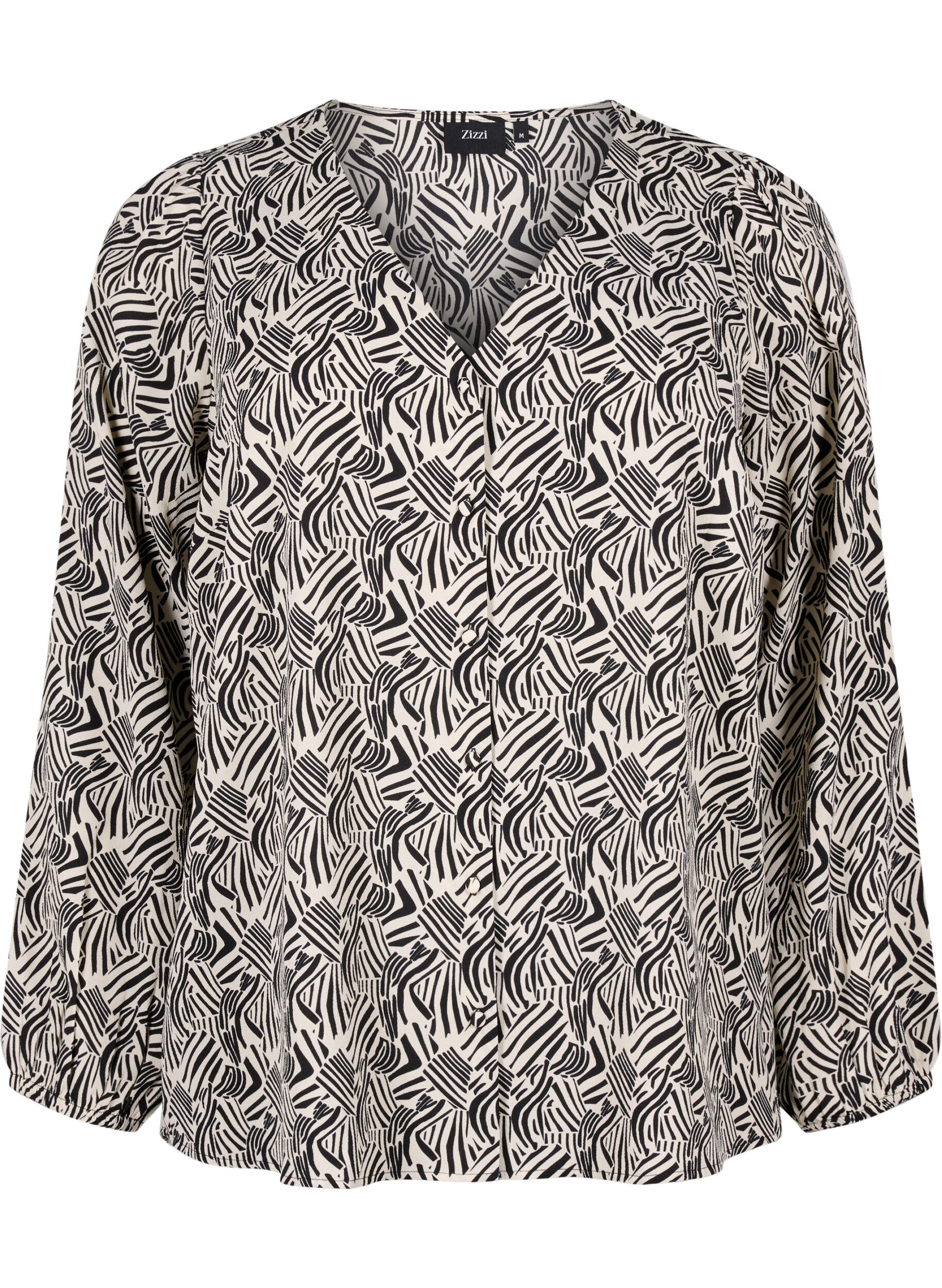 Zizzi Skjortebluse med v-hals og trykk, Birch Graphic, Packshot image number 0