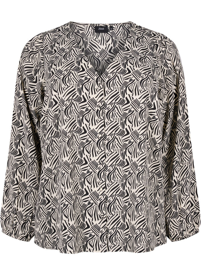 Skjortebluse med v-hals og trykk, Birch Graphic, Packshot image number 0