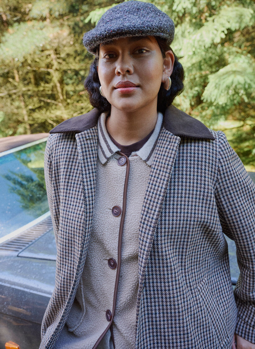 Cardigan med kontrasterende ermer og krage, Beige, Image image number 0