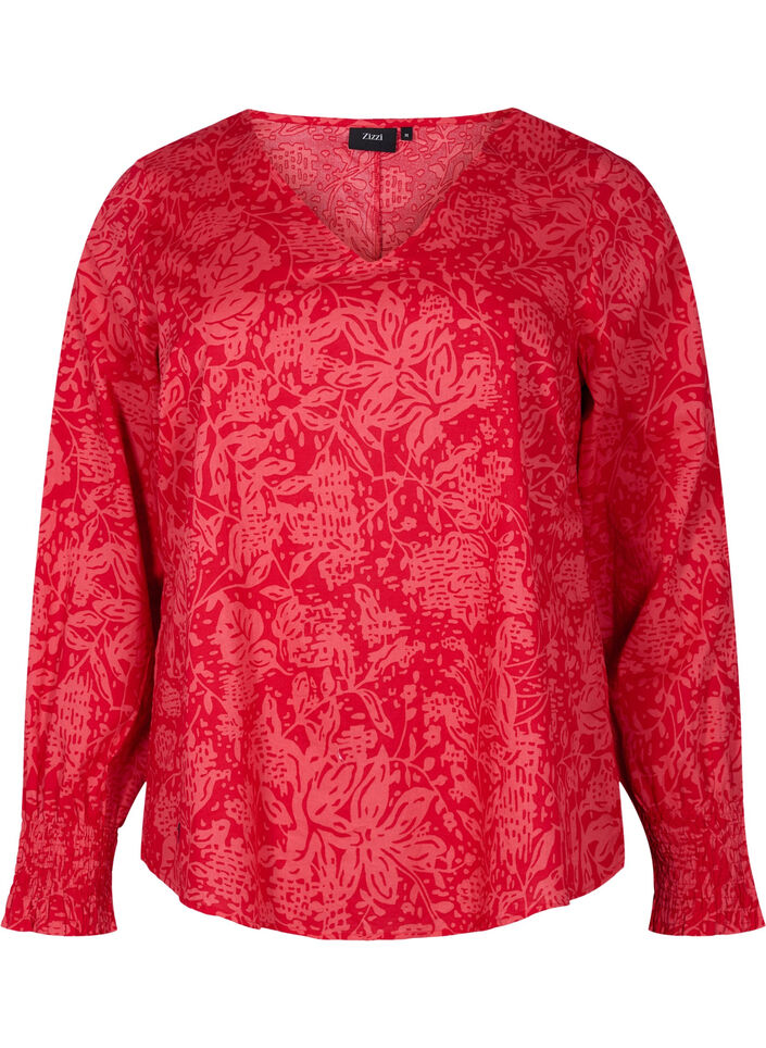 Bluse med V-hals og smock, Ribbon Red AOP, Packshot image number 0