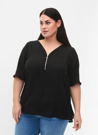 V-hals bluse med glidelås, Black, Model