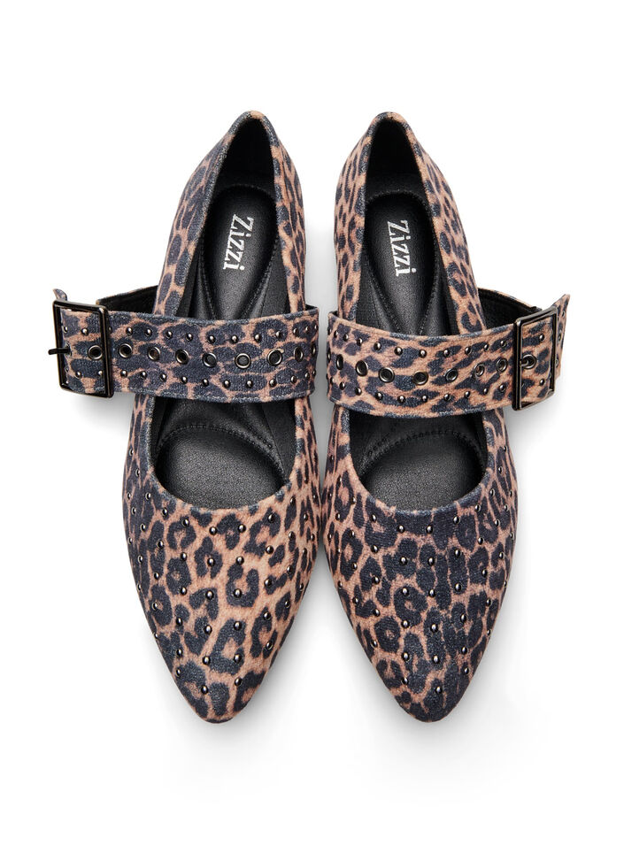 Wide fit - Ballerina med leopardmønster, spenne og nagler, Leopard AOP, Packshot