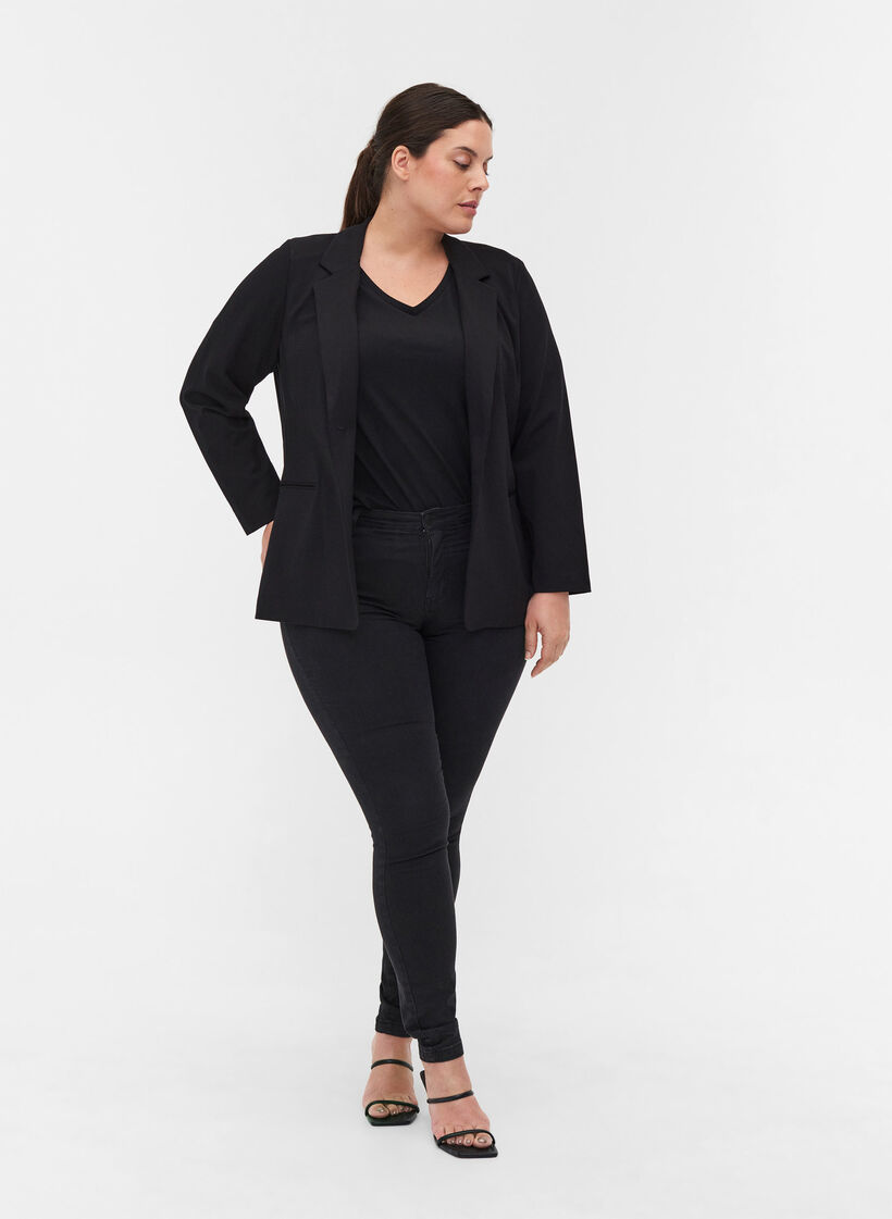 Enkel blazer med knapp og pyntelommer, Black, Model image number 2