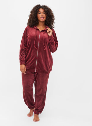 Velourcardigan med glidelås og hette, Cabernet, Model image number 2