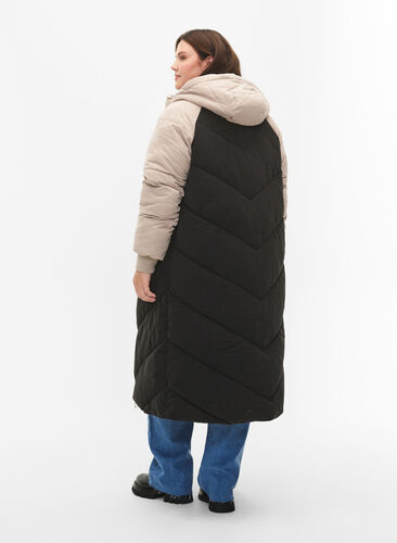 Lang fargeblokket vinterjakke med hette, Black Comb, Model image number 1