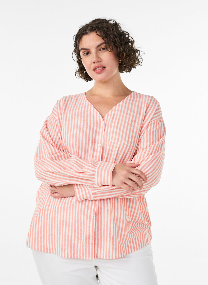 Bluse i lin og viskose med V-hals, Orange, Model image number 0