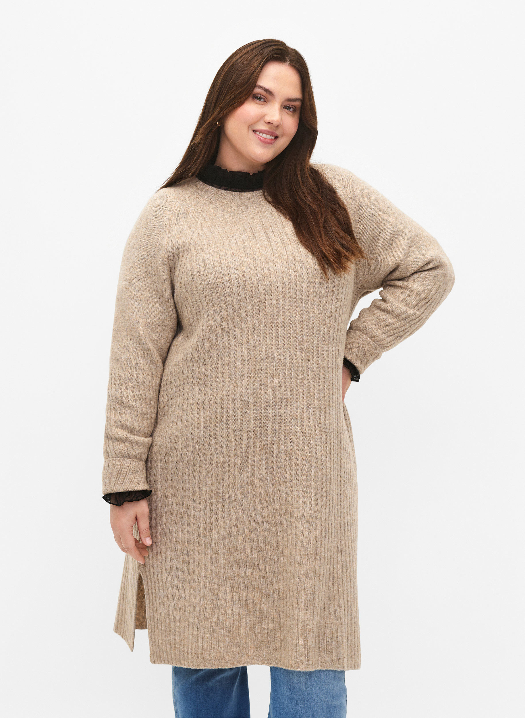 ZizziRibbestrikket kjole med splitt, Simply Taupe Mel., Model image number 0