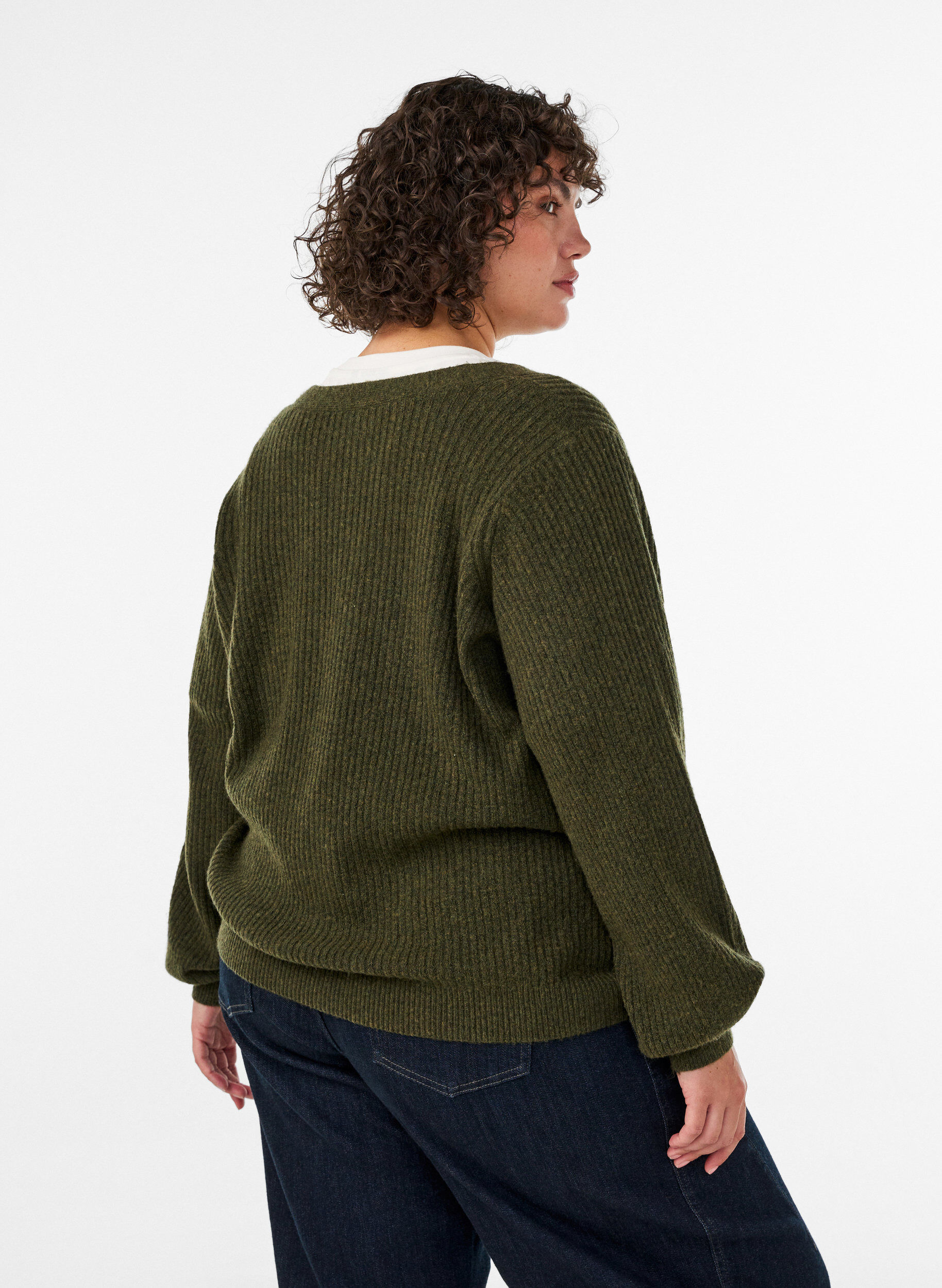 ZizziCardigan med V-hals og ribbestruktur, Gr&oslash;nn, Model image number 2