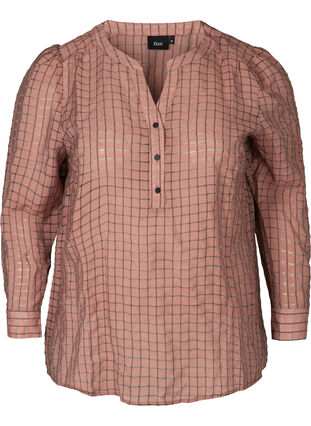 Rutete bluse med knapper og puffermer, Rosa Check, Packshot image number 0