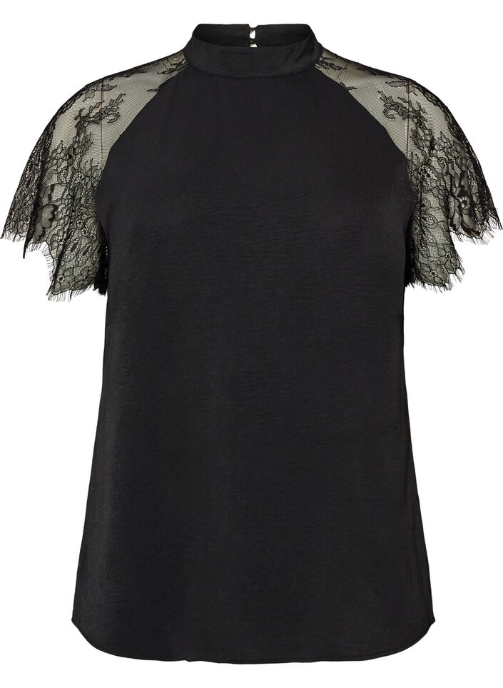 Bluse med korte blondeermer og h&oslash;y hals, Svart, Packshot image number 0