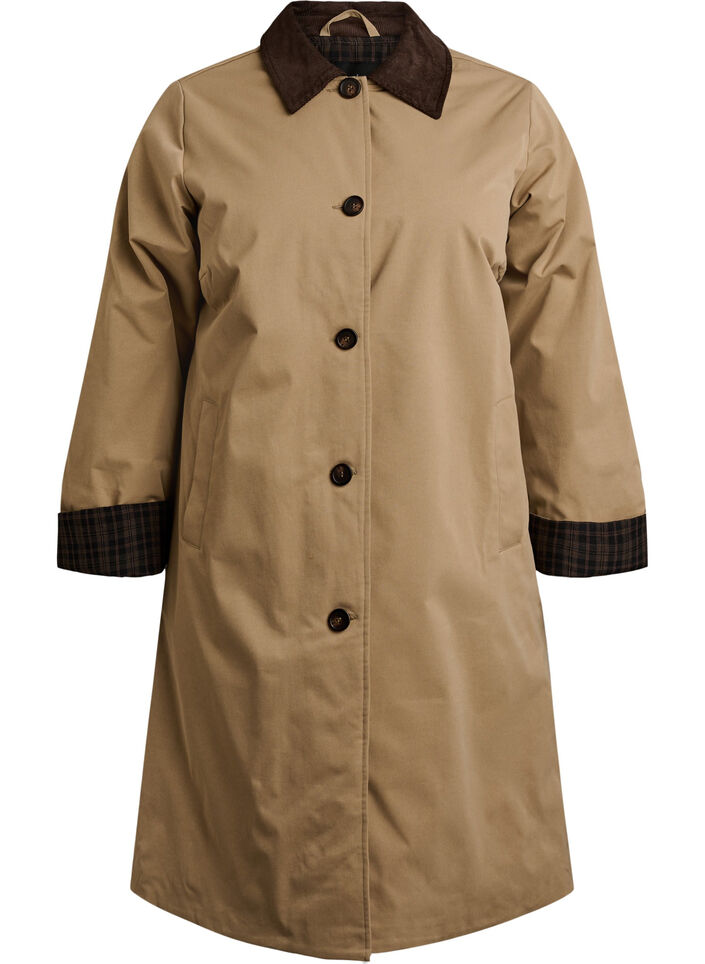 Mellomlang jakke med cordfl&oslash;yelskrage, Beige, Packshot