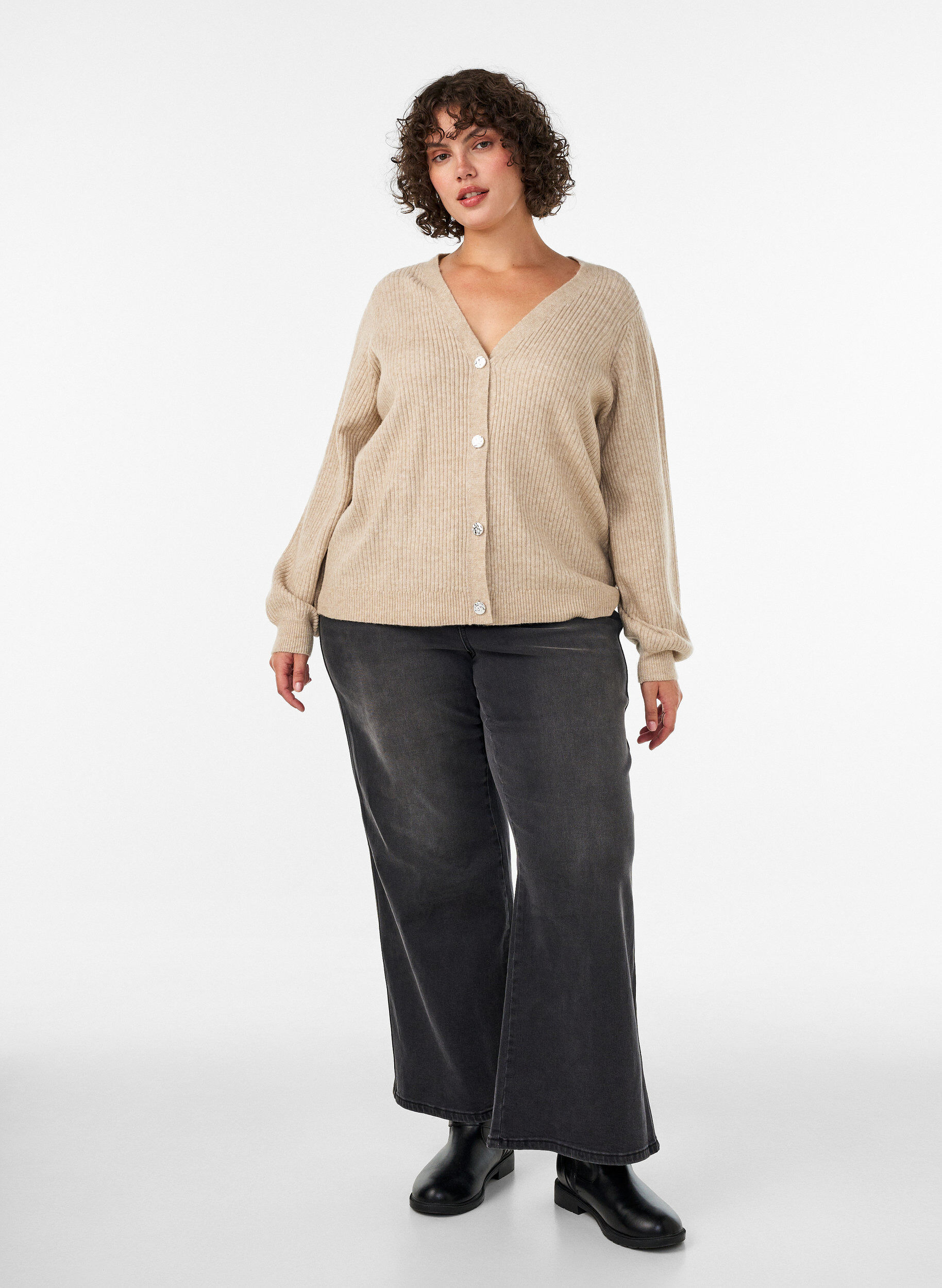 ZizziCardigan med V-hals og ribbestruktur, Beige, Model image number 1