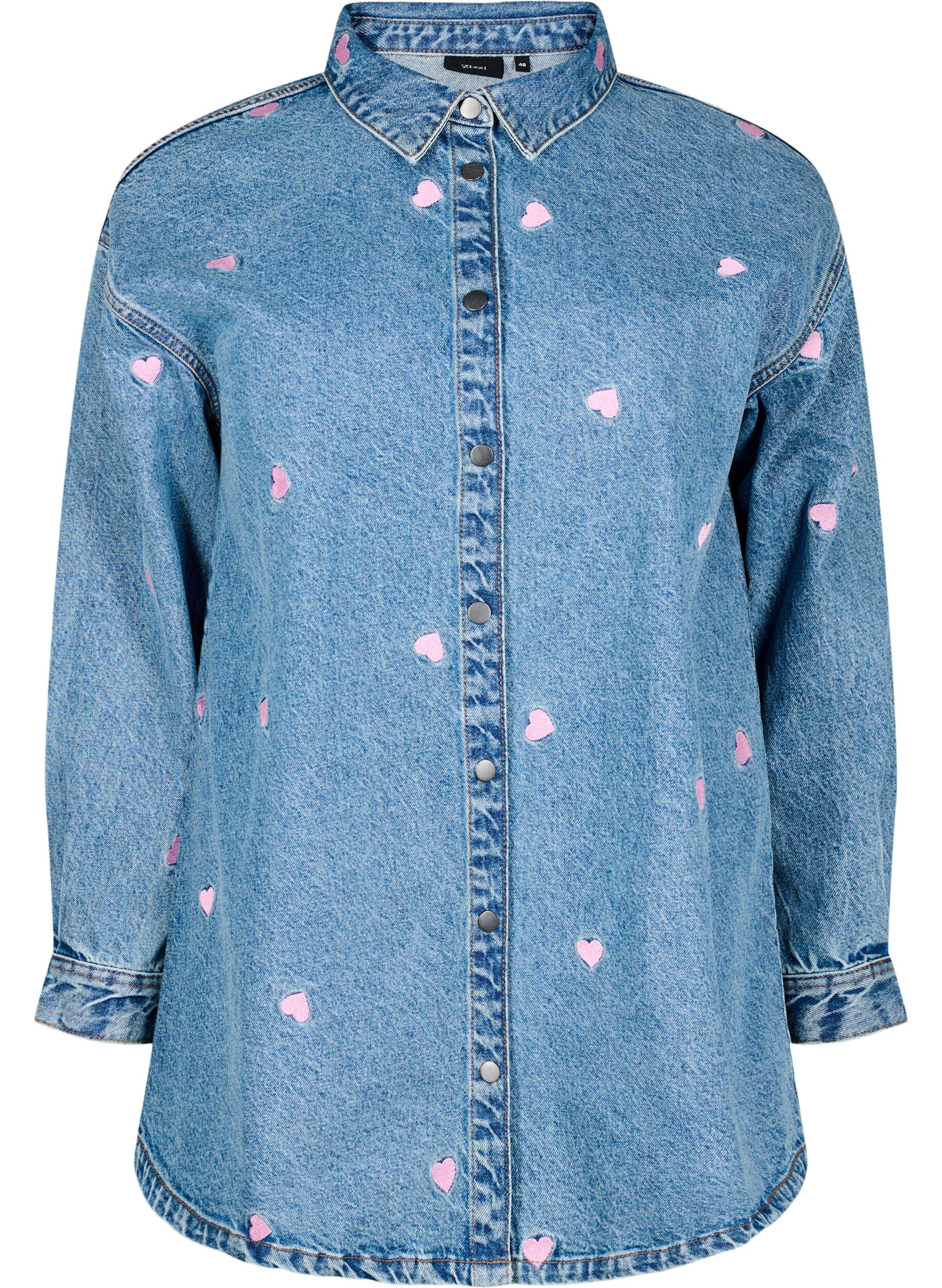 Zizzi L&oslash;s denimskjorte med broderte lepper, Light Blue Heart, Packshot image number 0