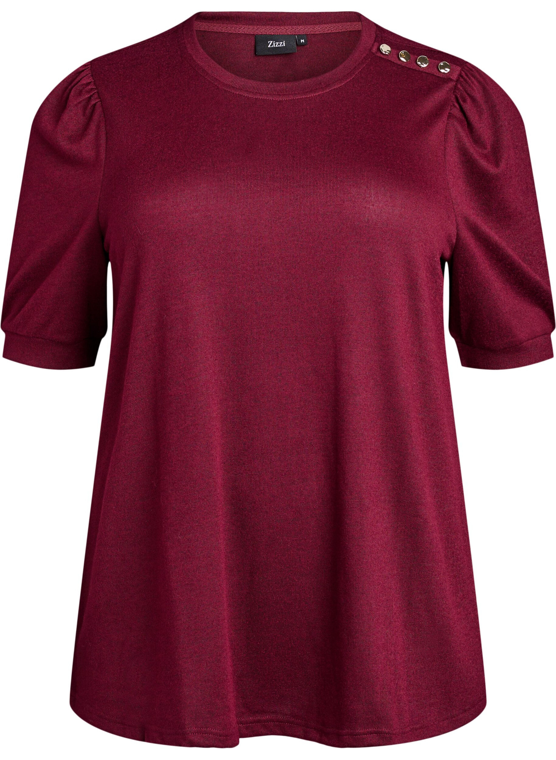 ZizziBluse med knappedetaljer og korte puffermer, M&oslash;rk Bordeaux, Packshot image number 0