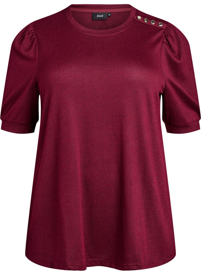Bluse med knappedetaljer og korte puffermer, M&oslash;rk Bordeaux, Packshot image number 0