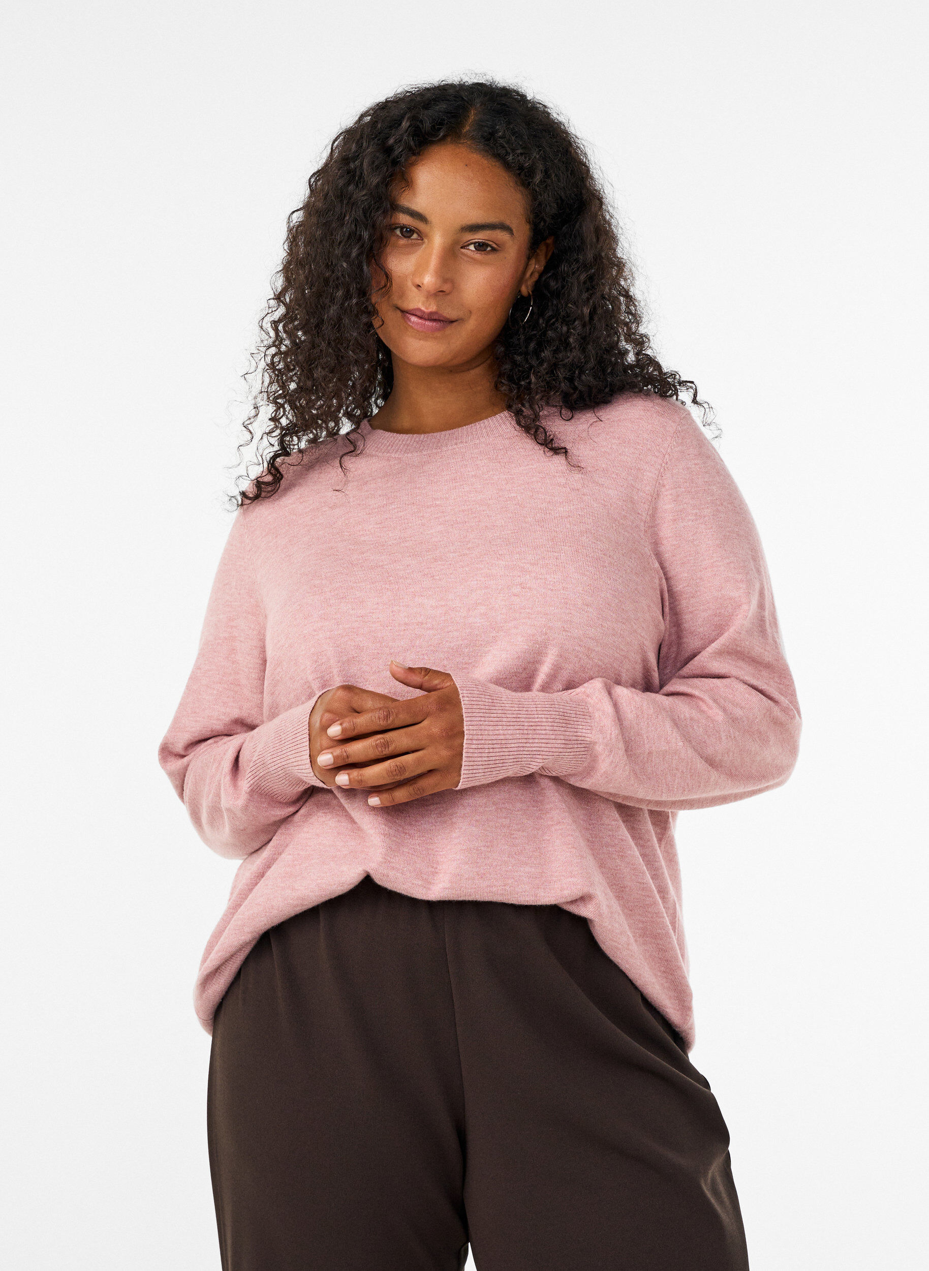 Strikkebluse med rund hals, Rosa, Model
