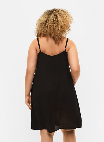 Ensfarget kjole i viskose med stropper, Black, Model image number 1