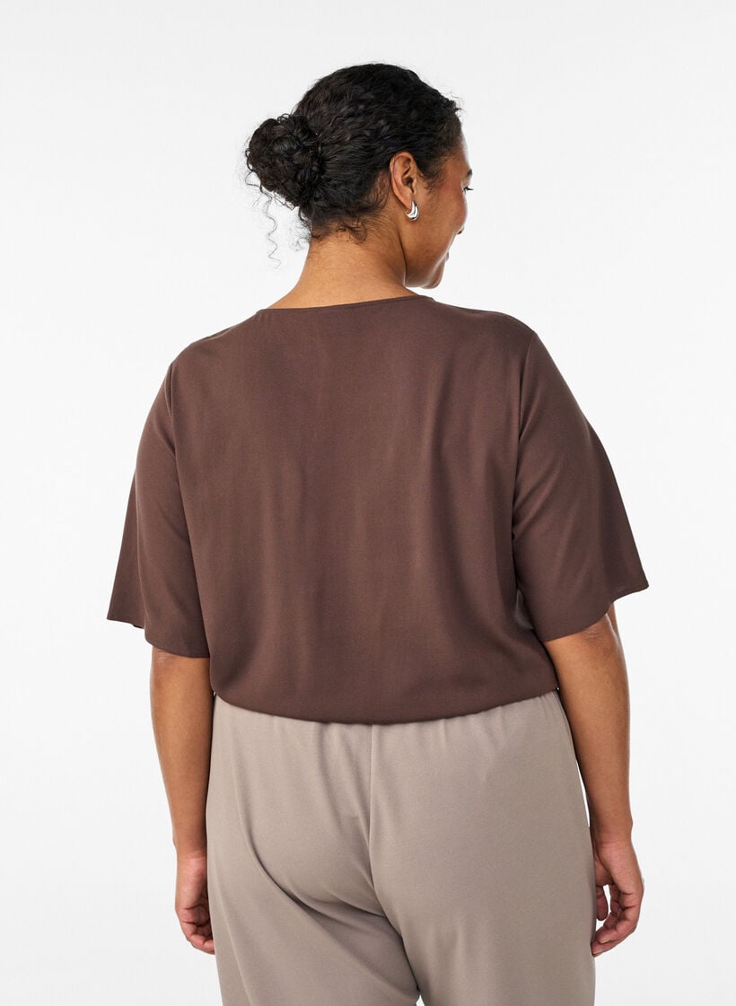 Vevet bluse med korte ermer og rund hals, Brun, Model image number 2