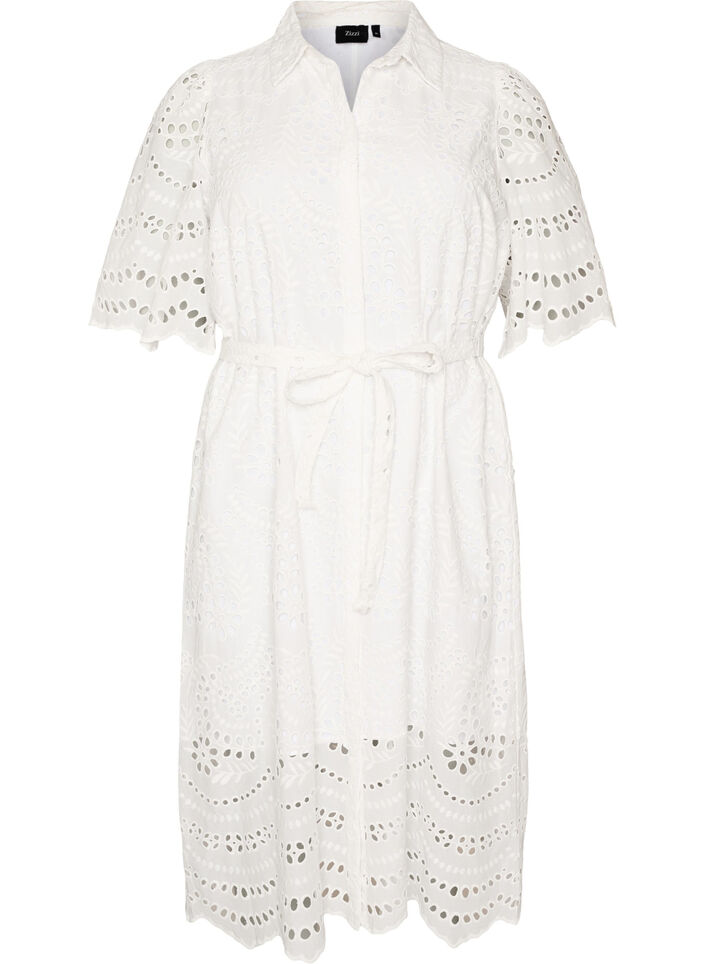 Skjortekjole i broderie anglaise med knytebelte, Hvit, Packshot image number 0