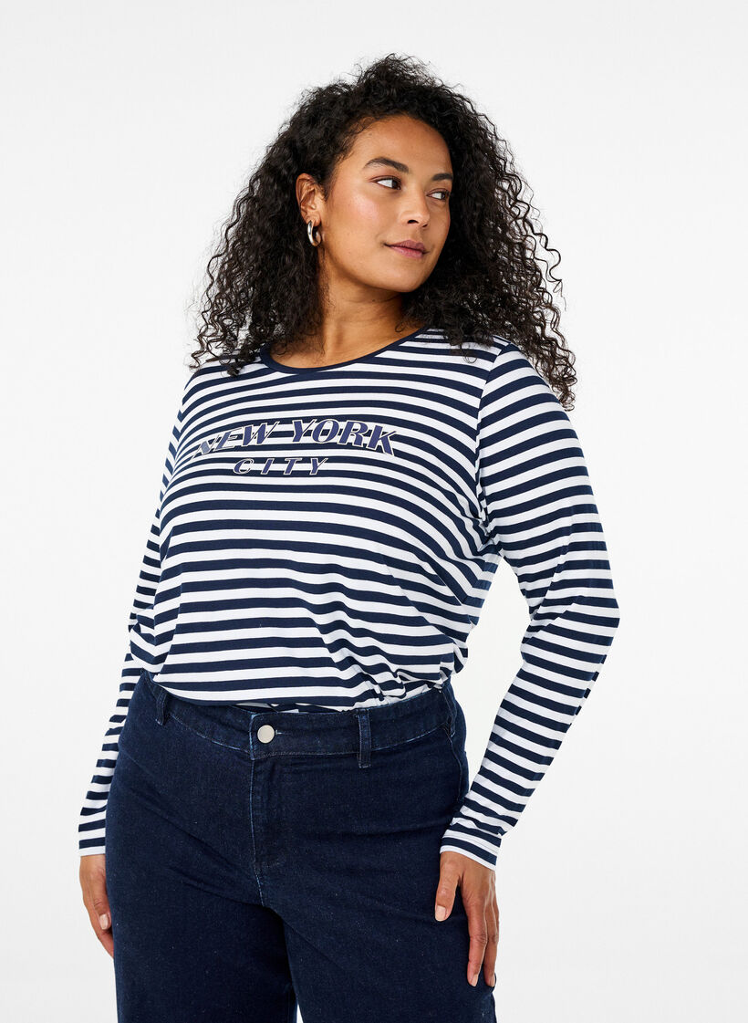 Stripete bluse med motiv, White w.Navy Stripe, Model image number 0