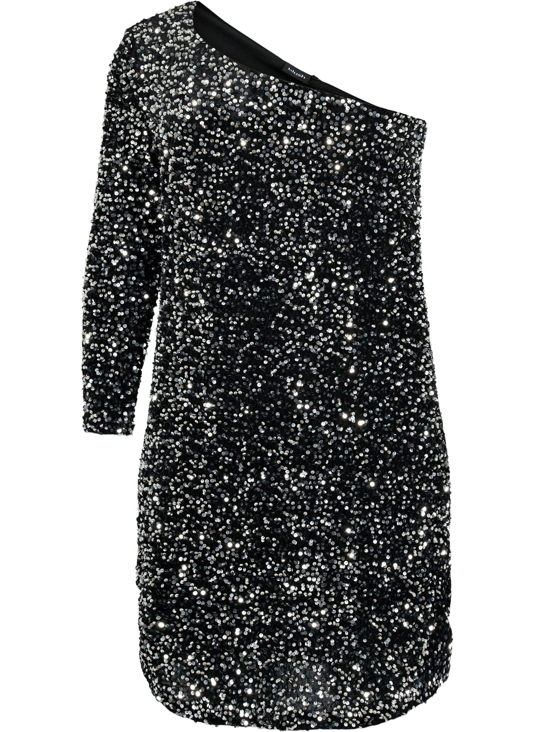 Zizzi Kort one-shoulder-kjole med paljetter, Black/Silver Sequins, Packshot image number 0
