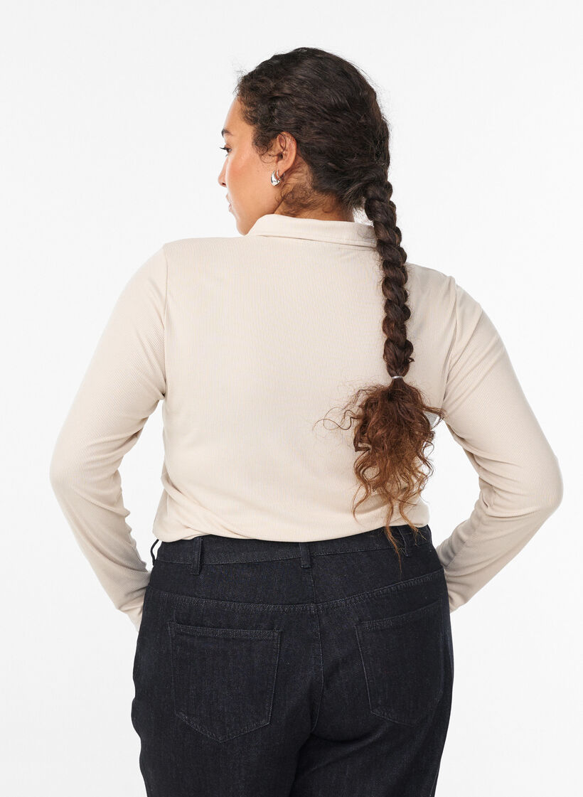 Poloskjorte i myk ribb med lange ermer, Beige, Model image number 2