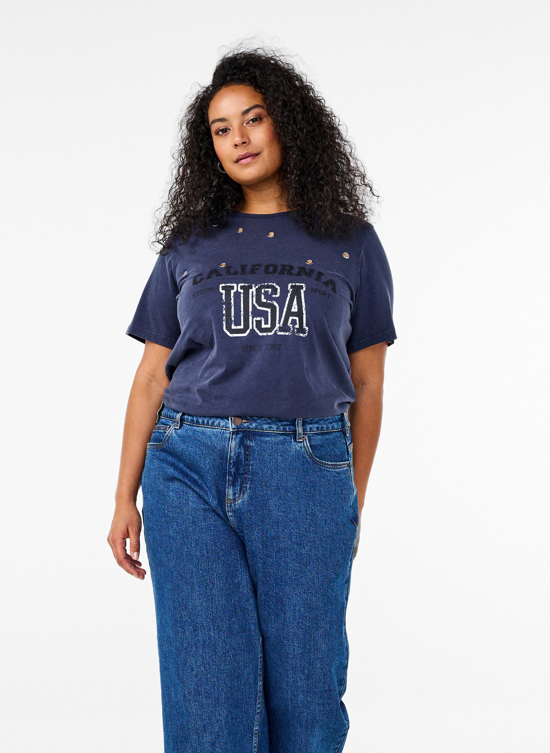 Zizzi T-skjorte med maljer og trykk, Navy Washed , Image image number 0