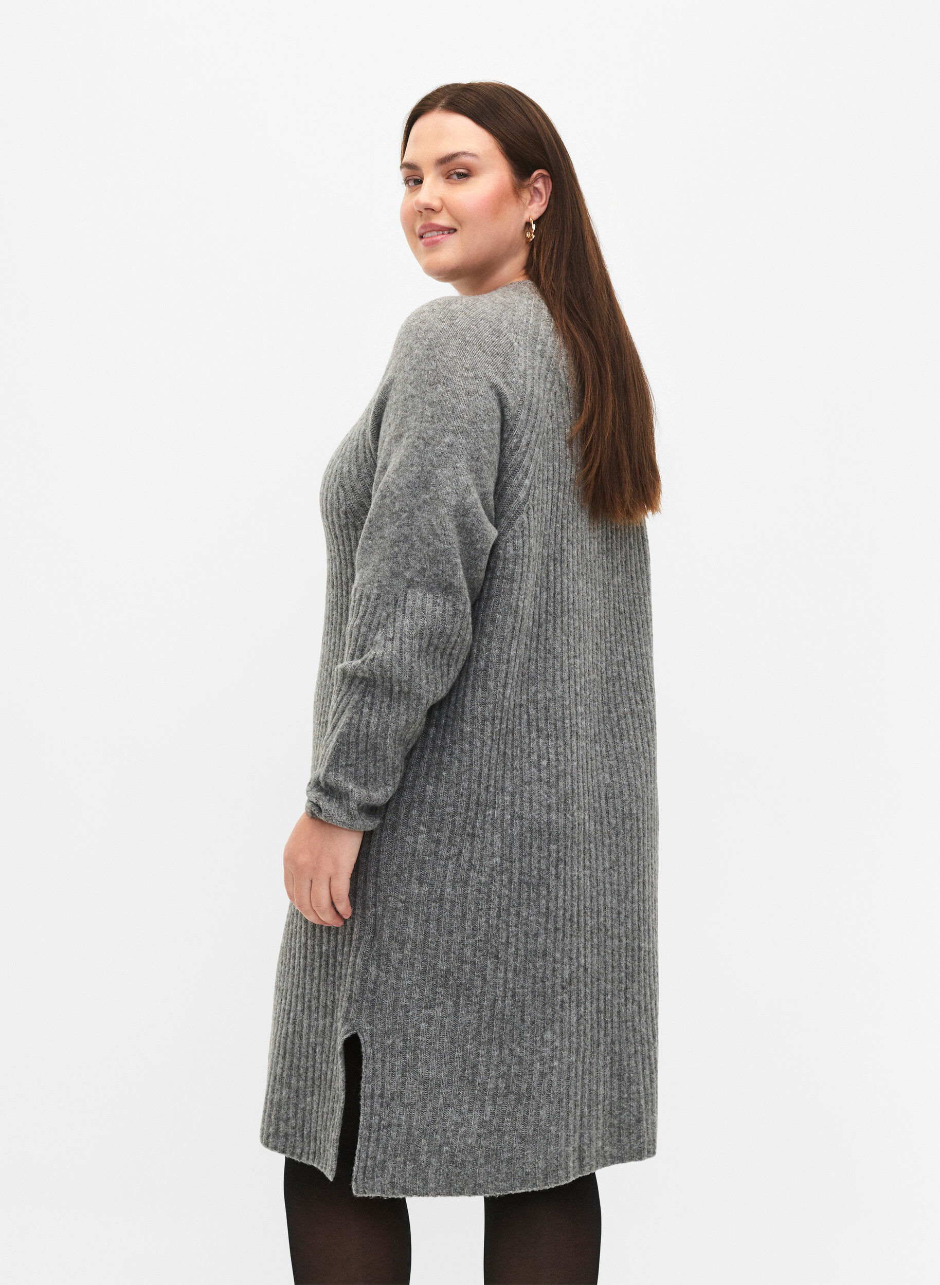 Zizzi Ribbestrikket kjole med splitt, Light Grey Melange, Model image number 1