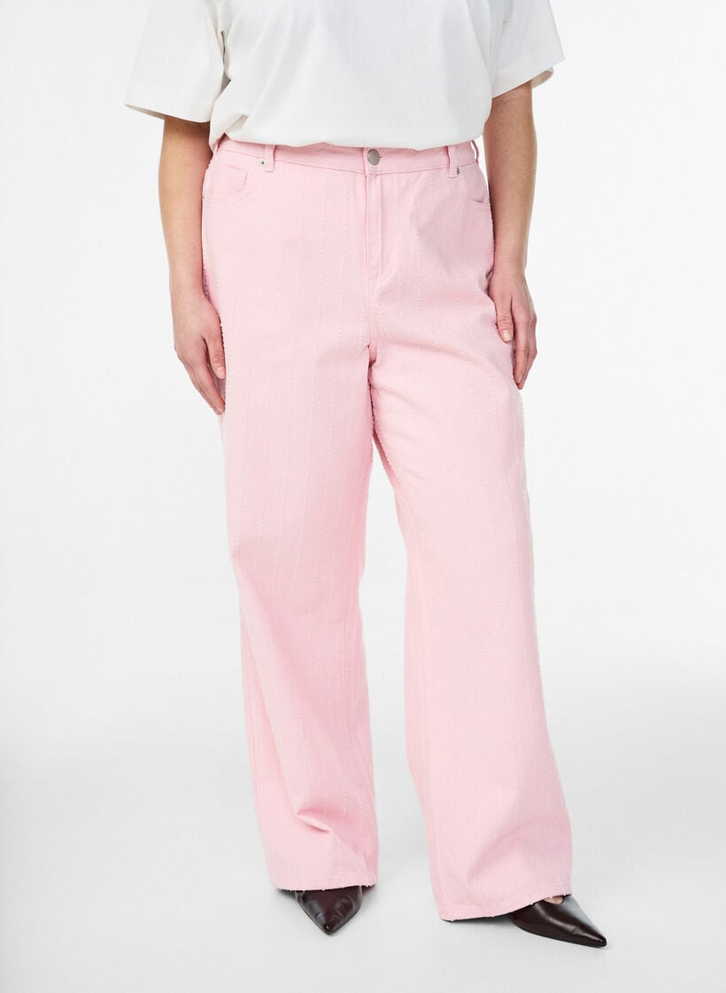 Myra jeans i farget denim med wide fit og teksturert m&oslash;nster, Rosa, Model image number 2