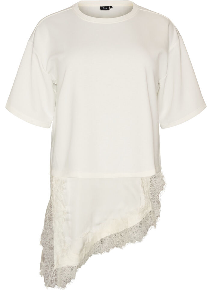 Jerseybluse med lag-p&aring;-lag-look og blonder, Vanilje, Packshot image number 0