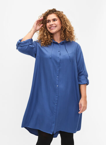 Skjortekjole i viskose med hette og 3/4-ermer, Moonlight Blue, Model image number 0