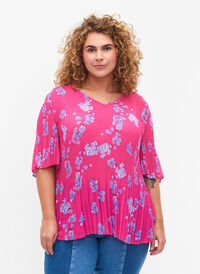 Blomstrete bluse i plissé, Beetroot Purple AOP, Model