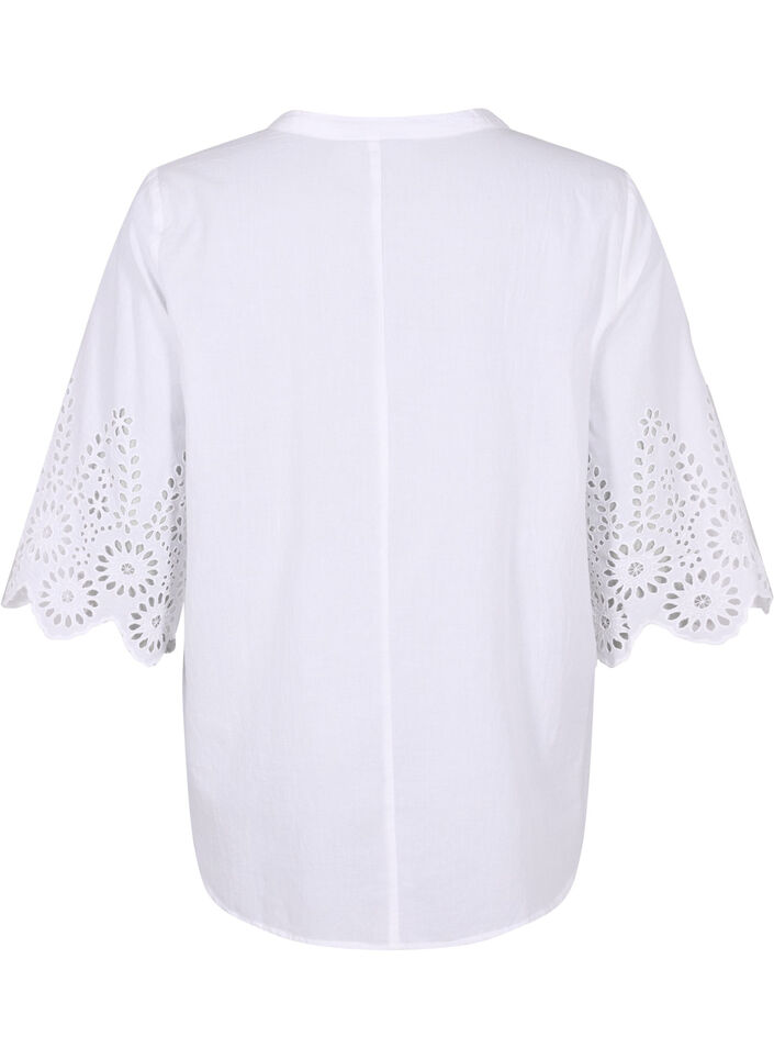 Skjortebluse med engelsk broderi og 3/4-ermer, Bright White, Packshot image number 1