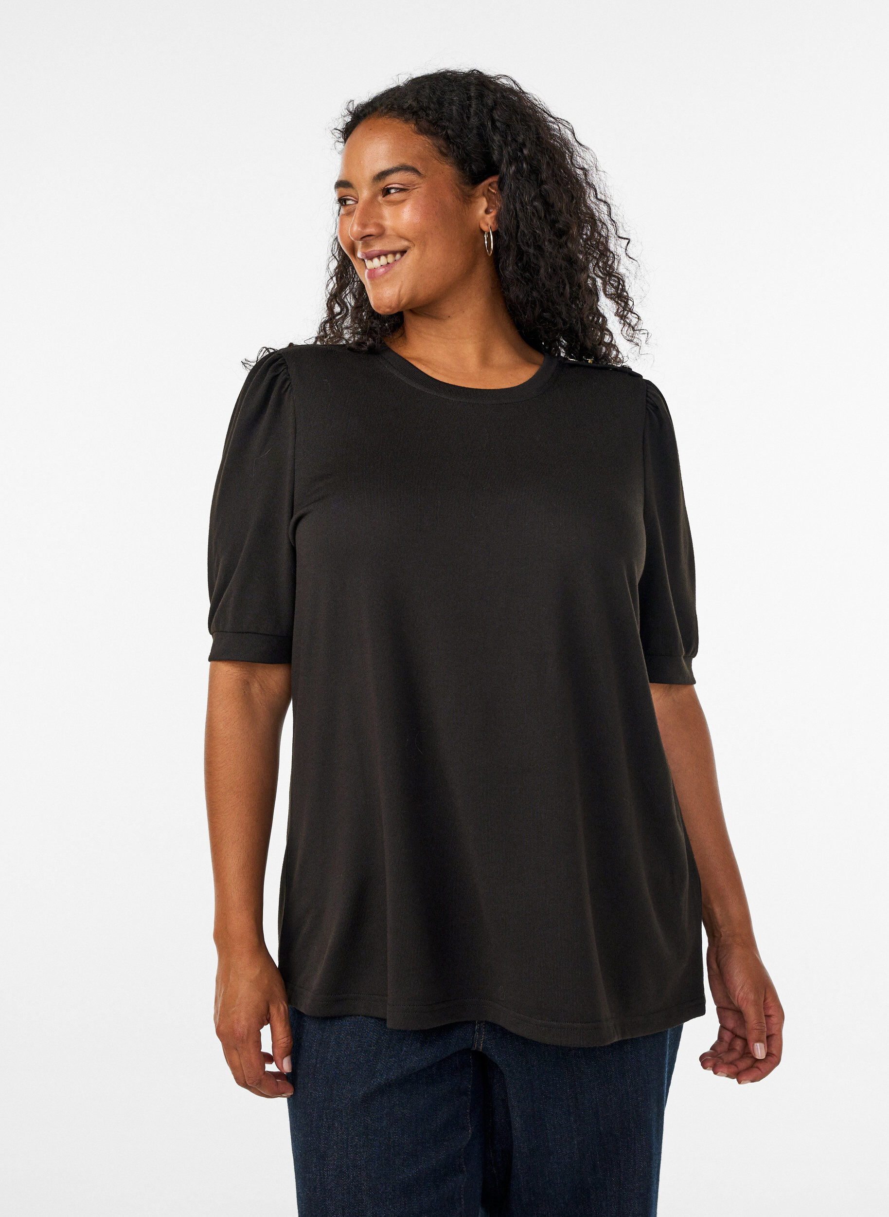 Bluse med knappedetaljer og korte puffermer, Svart, Model