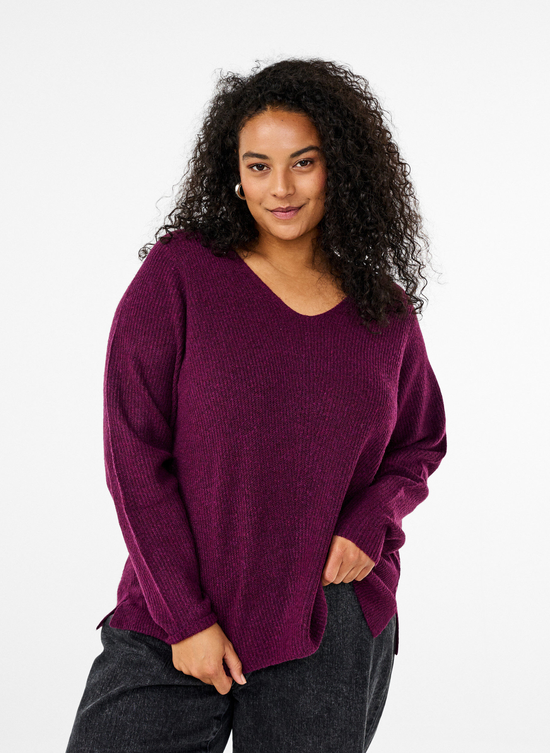 Zizzi Strikket bluse med v-hals og lange ermer, Potent P. Black Mel., Model image number 0