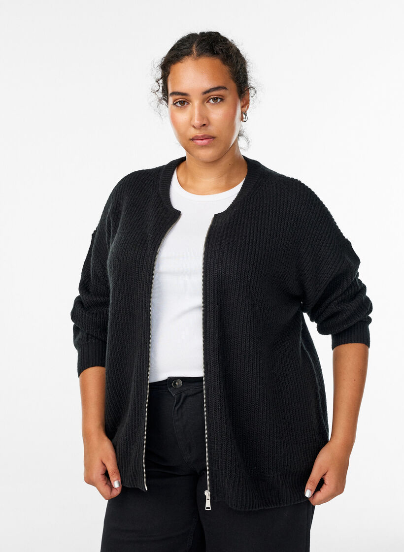 Strikket cardigan med glidel&aring;s, Svart, Model image number 0