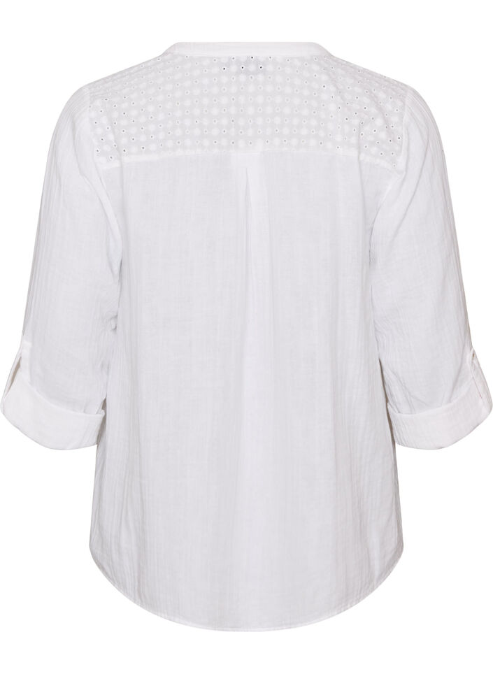 Bluse i bomullsmuslin med broderie anglaise, Hvit, Packshot image number 1
